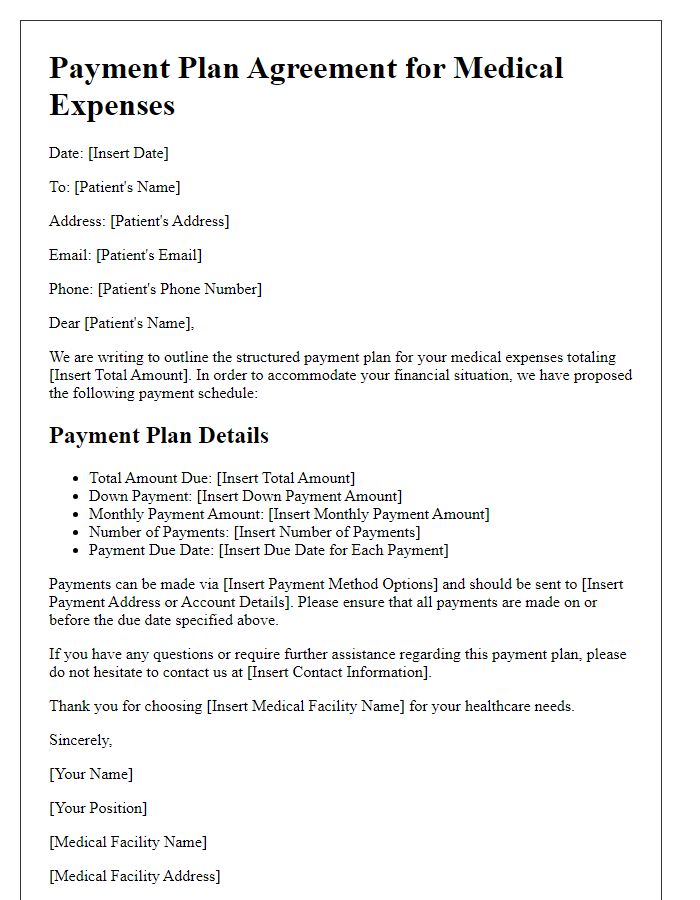 Letter template of structured payment plan for medical expenses