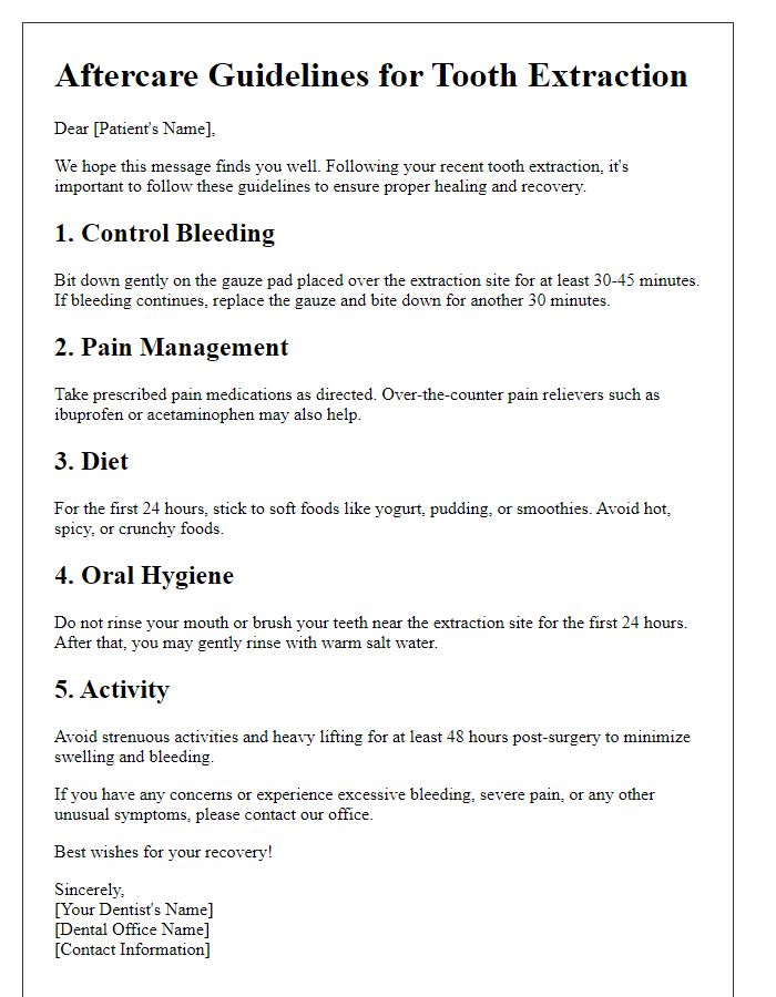 Letter template of aftercare guidelines for tooth extraction