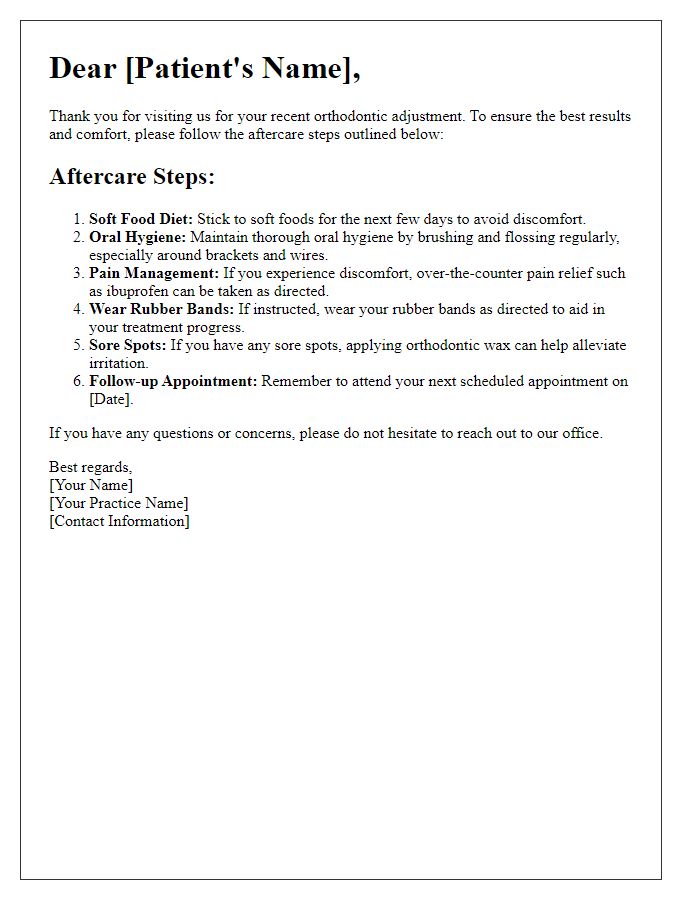 Letter template of aftercare steps for orthodontic adjustments