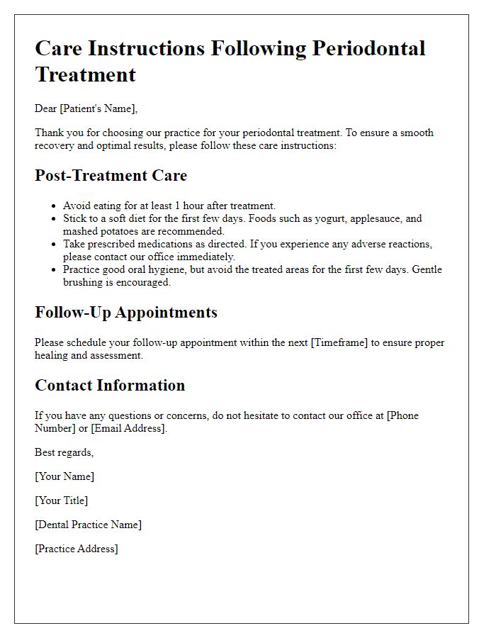 Letter template of care instructions for periodontal treatment