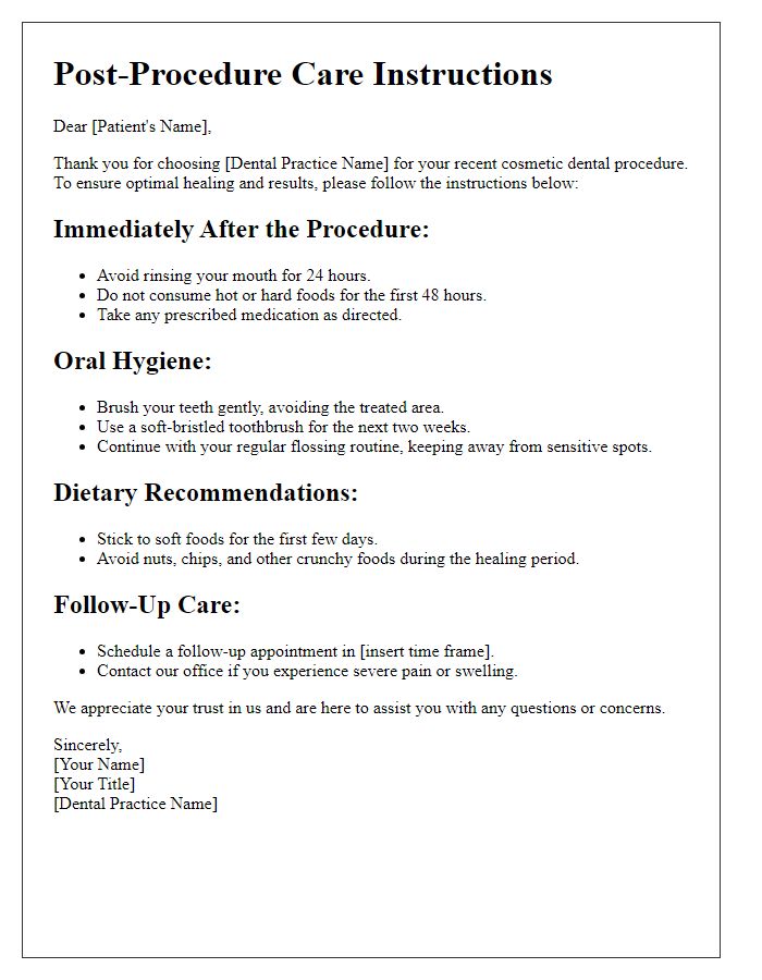 Letter template of dental care instructions for cosmetic procedures