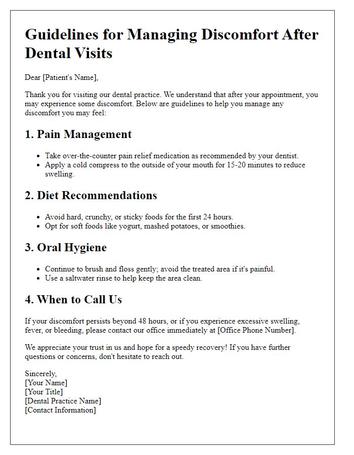 Letter template of guidelines for managing discomfort after dental visits