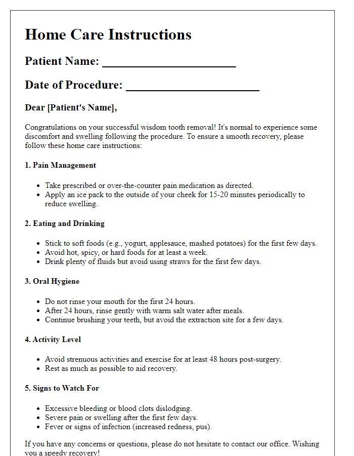 Letter template of home care procedures following wisdom tooth removal