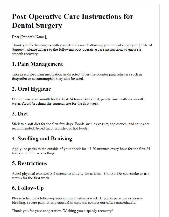 Letter template of post-operative care instructions for dental surgery