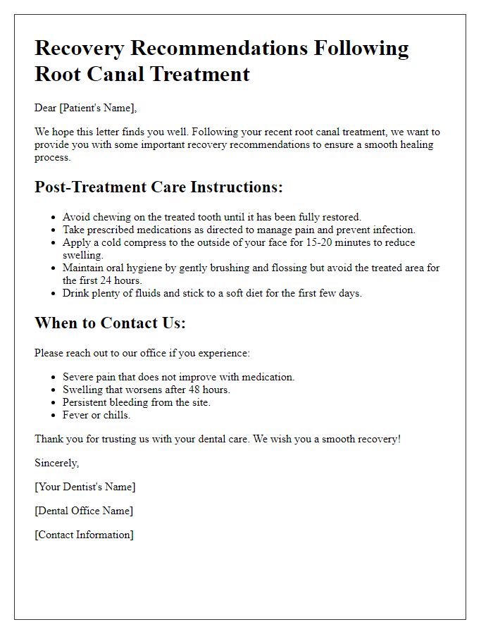 Letter template of recovery recommendations following root canal treatment