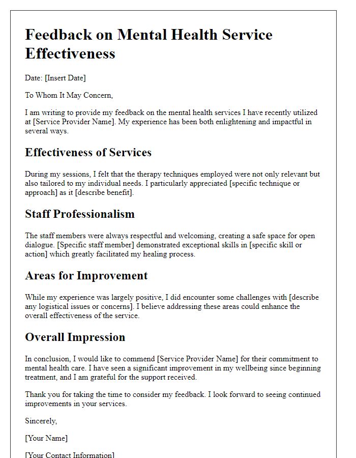 Letter template of feedback on mental health service effectiveness.