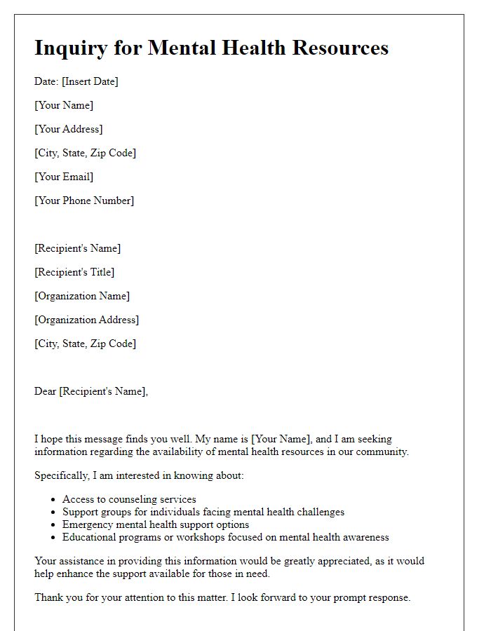 Letter template of inquiry for mental health resource availability.