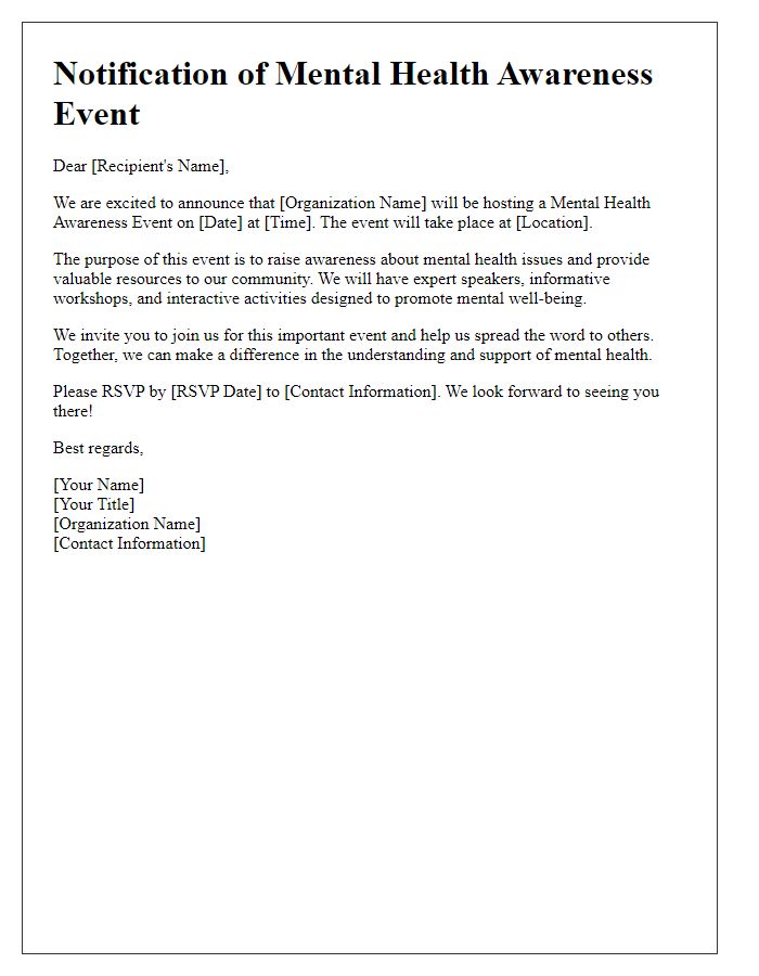 Letter template of notification for mental health awareness event.