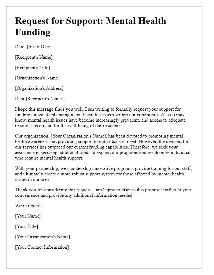 Letter template of support request for mental health funding.