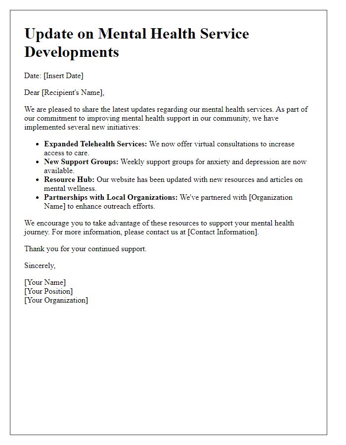 Letter template of updates on mental health service developments.