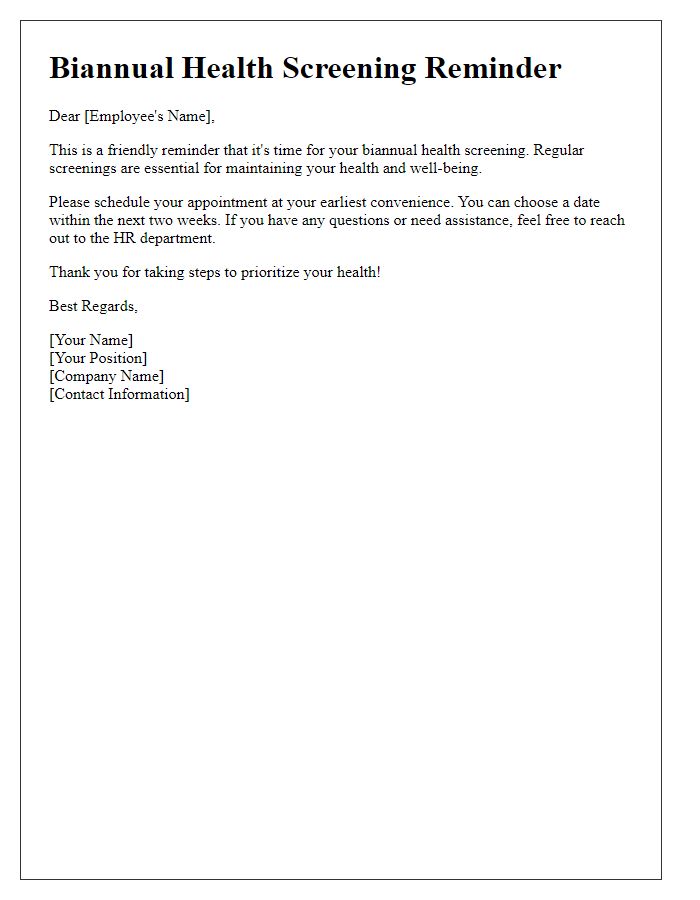 Letter template of Biannual Health Screening Reminder