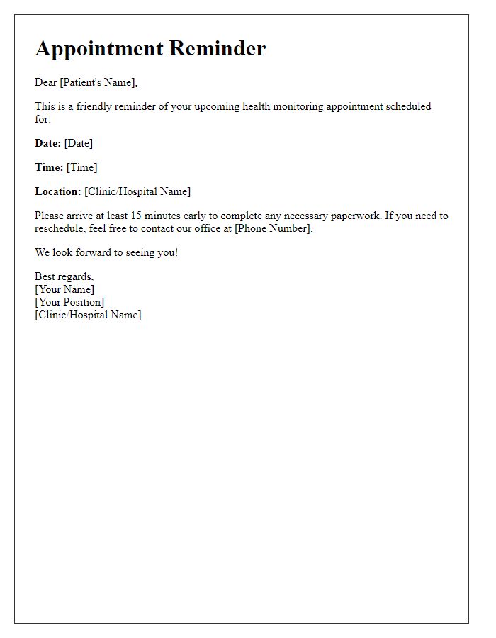 Letter template of Health Monitoring Appointment Reminder