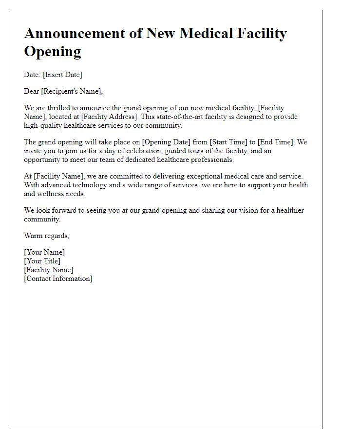 Letter template of announcement for a new medical facility opening