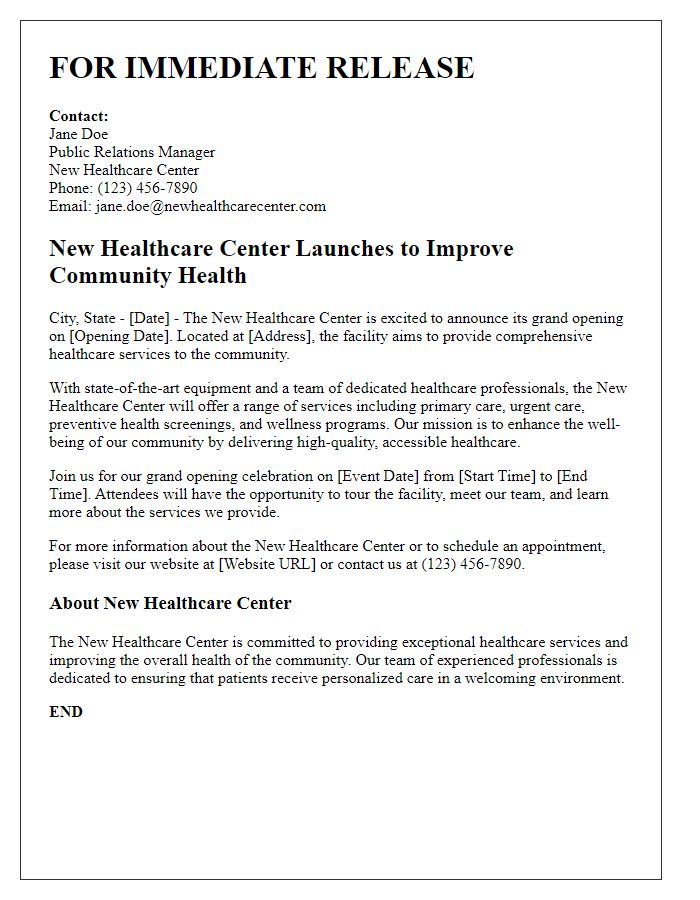 Letter template of press release for a new healthcare center launch