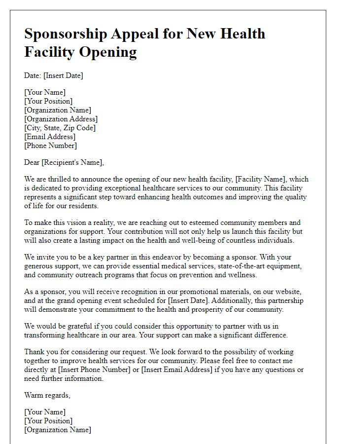 Letter template of sponsorship appeal for a new health facility opening