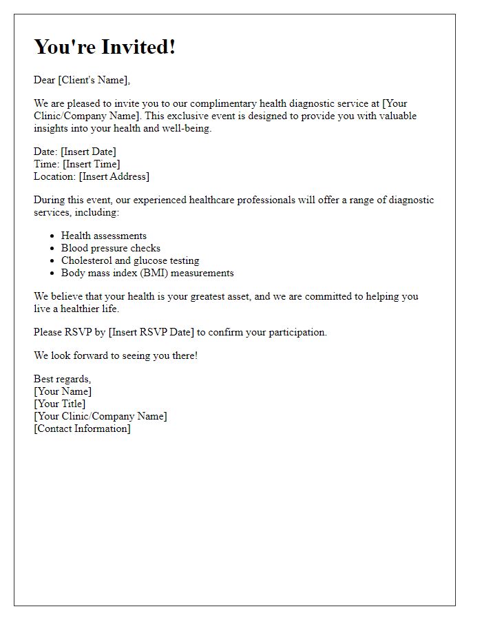 Letter template of complimentary health diagnostic service invitation for clients