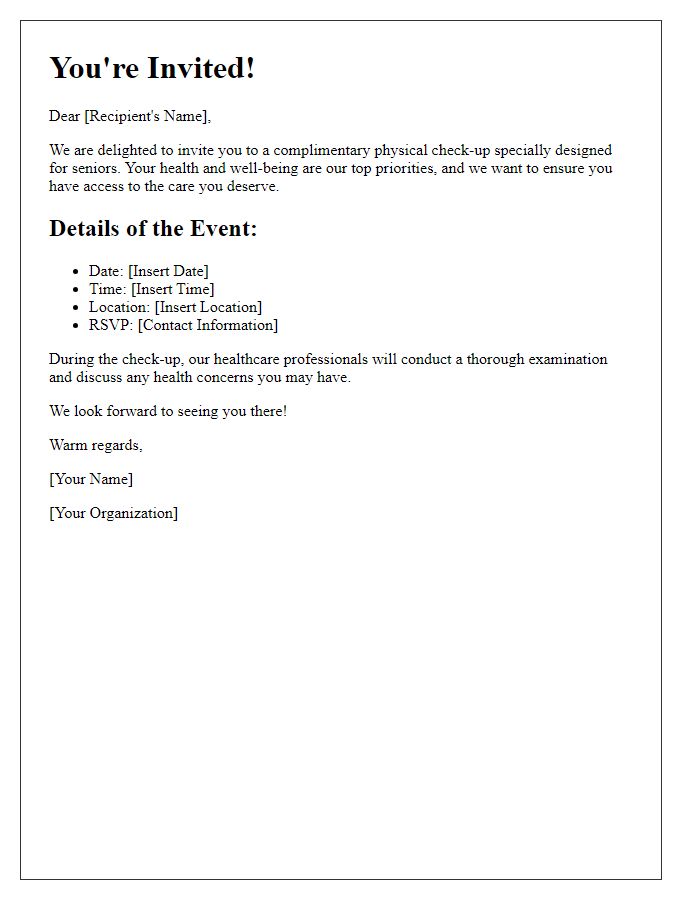 Letter template of complimentary physical check-up invitation for seniors