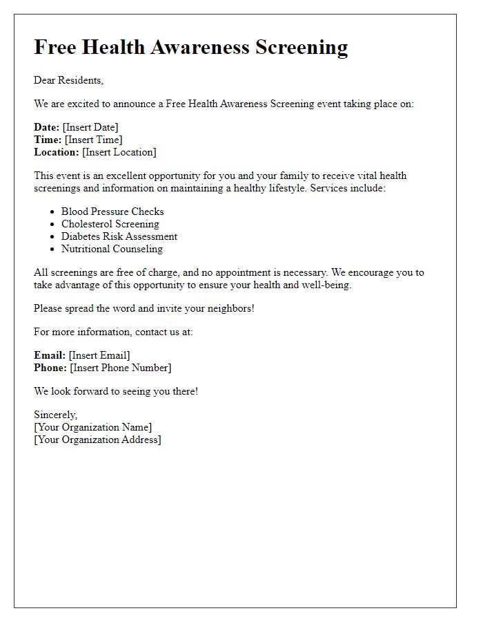 Letter template of free health awareness screening announcement for local residents