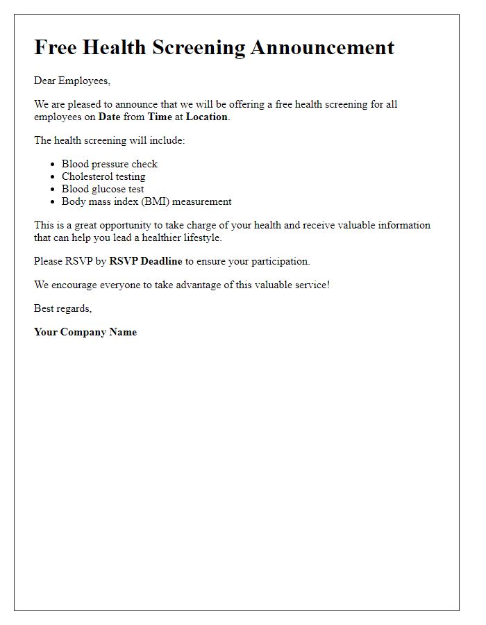 Letter template of free health screening announcement for employees