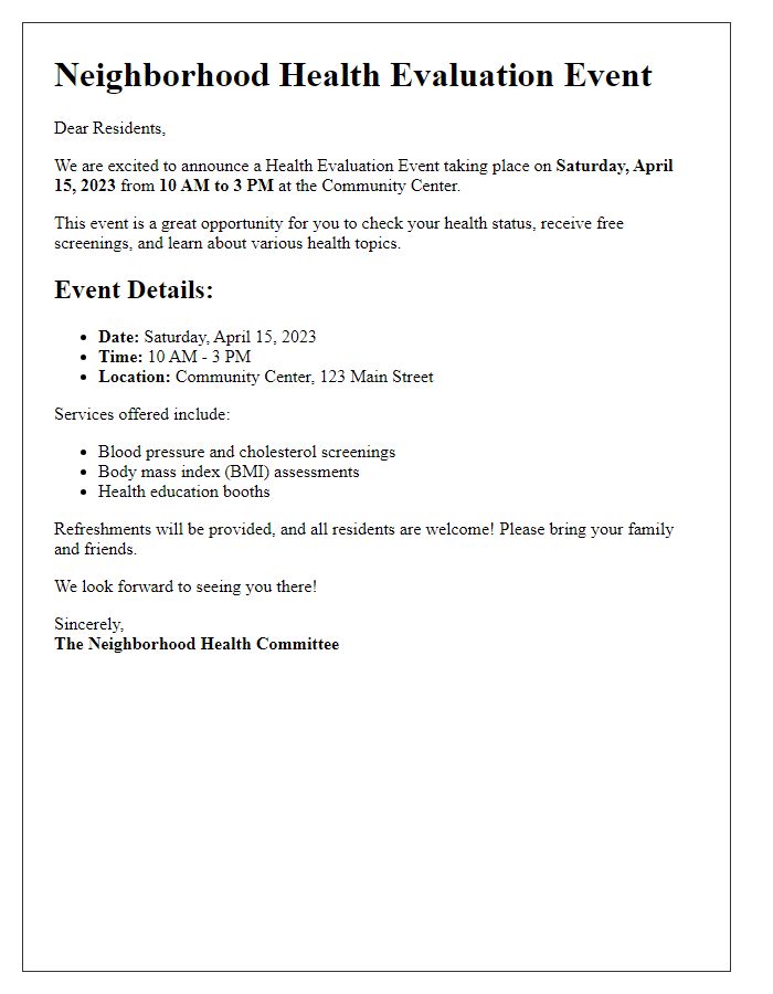 Letter template of health evaluation event announcement for neighborhood