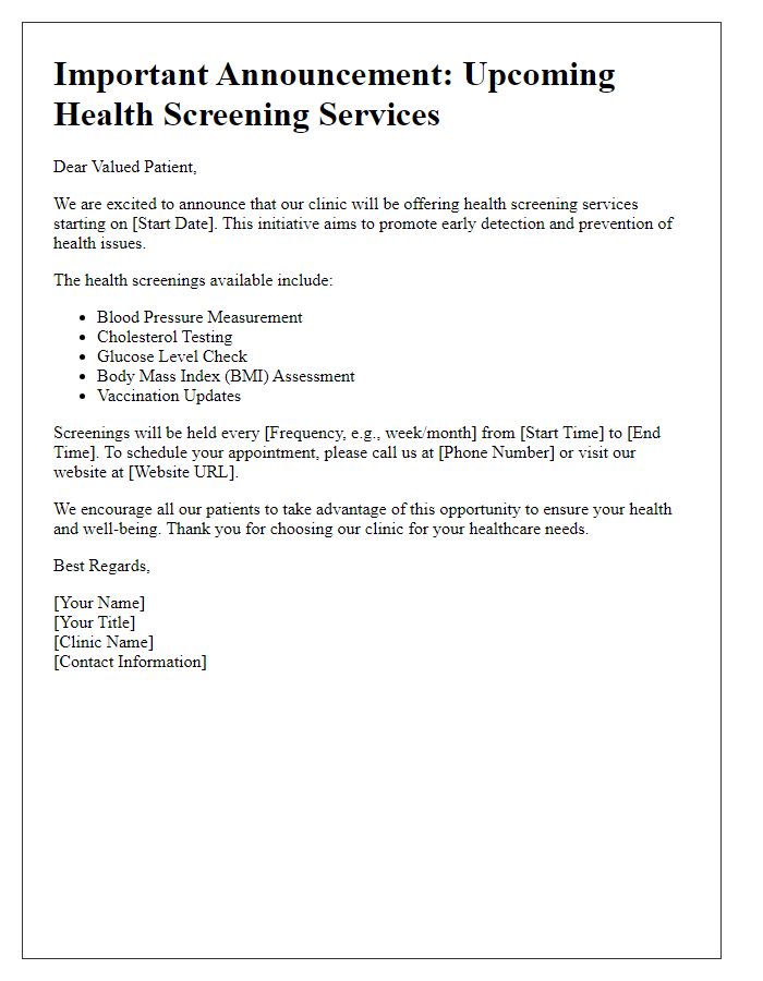 Letter template of health screening service announcement for patients