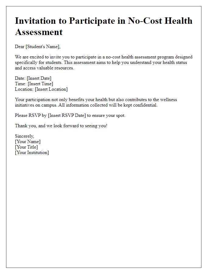 Letter template of no-cost health assessment invitation for students