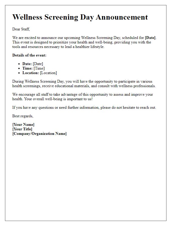 Letter template of wellness screening day announcement for staff