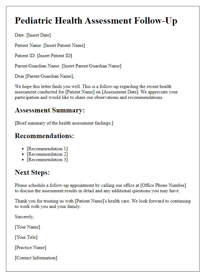 Letter template of pediatric health assessment follow-up