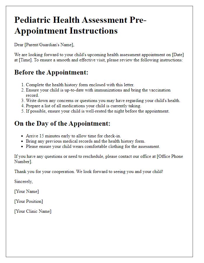 Letter template of pediatric health assessment pre-appointment instructions