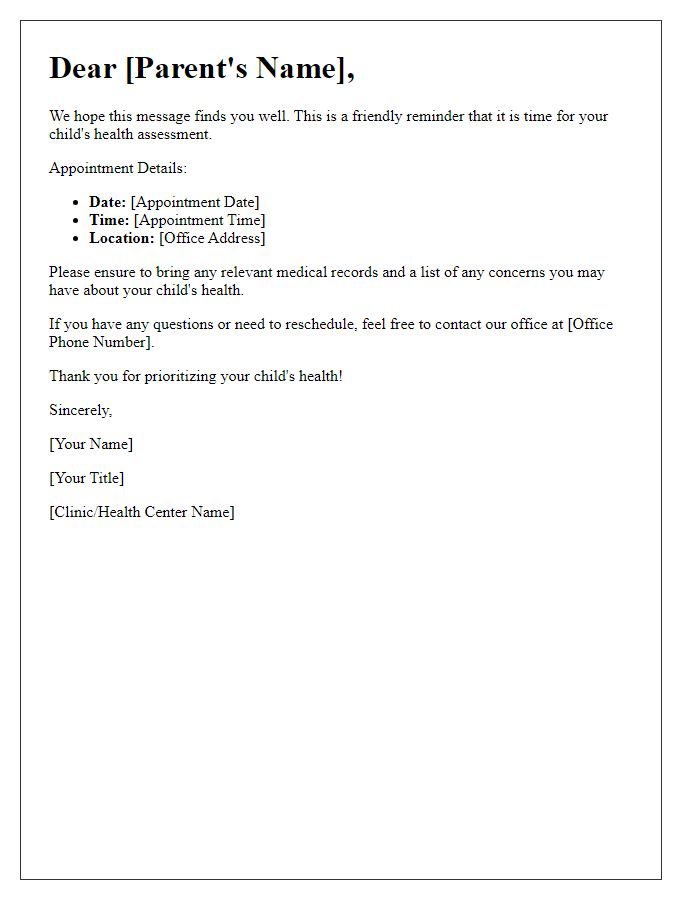 Letter template of pediatric health assessment reminder