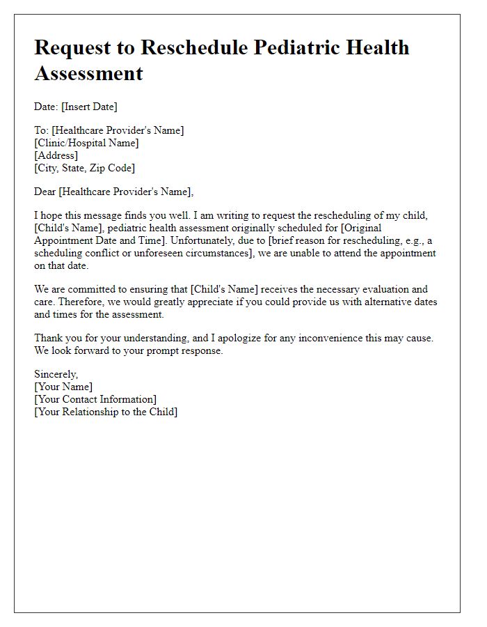 Letter template of pediatric health assessment rescheduling request