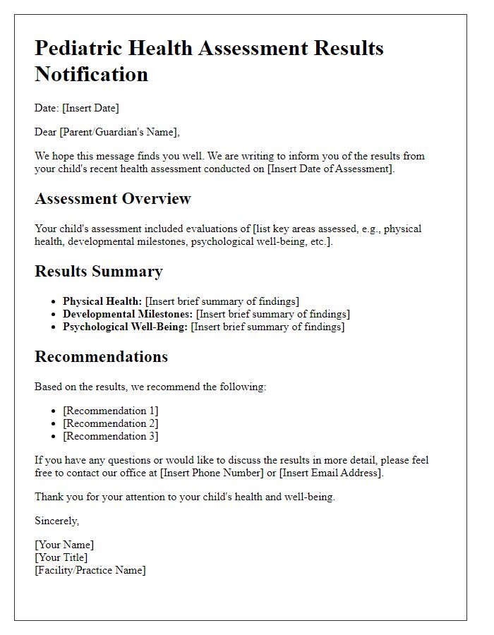 Letter template of pediatric health assessment results notification