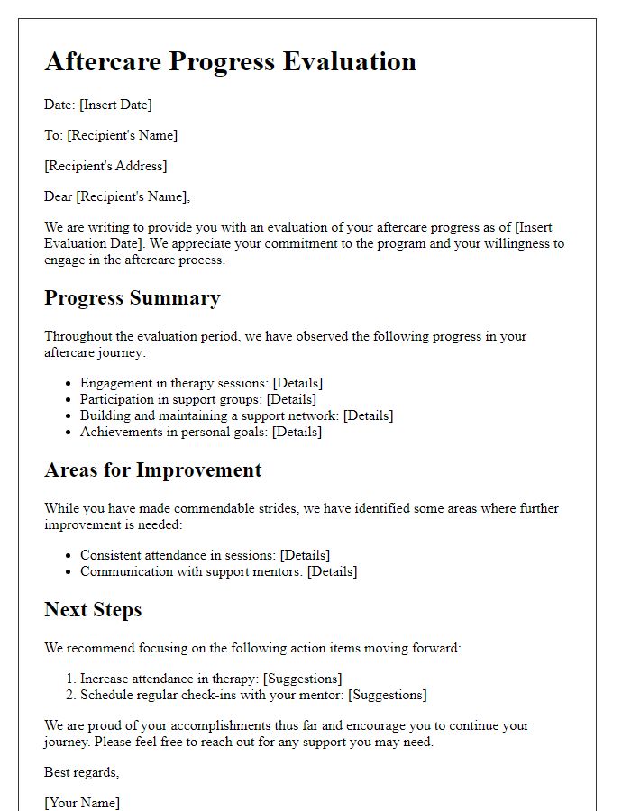 Letter template of aftercare progress evaluation.