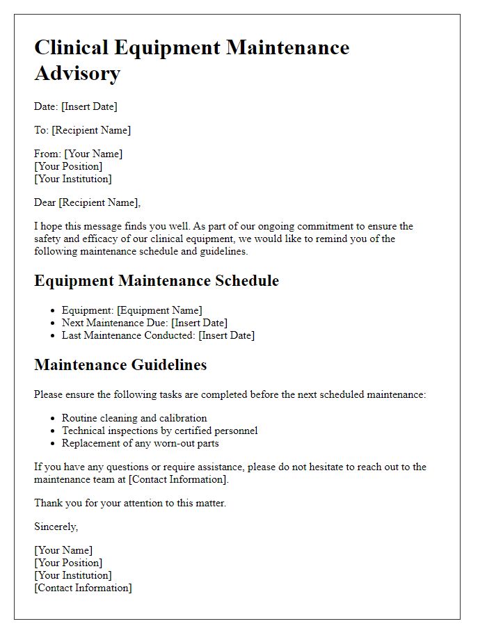 Letter template of clinical equipment maintenance advisory