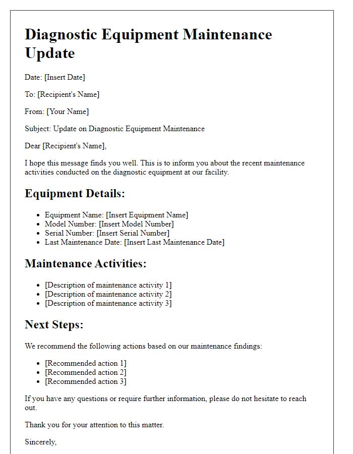 Letter template of diagnostic equipment maintenance update