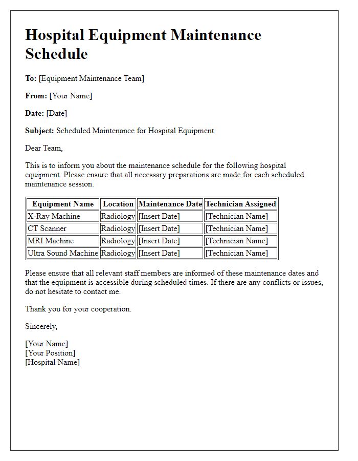 Letter template of hospital equipment maintenance schedule