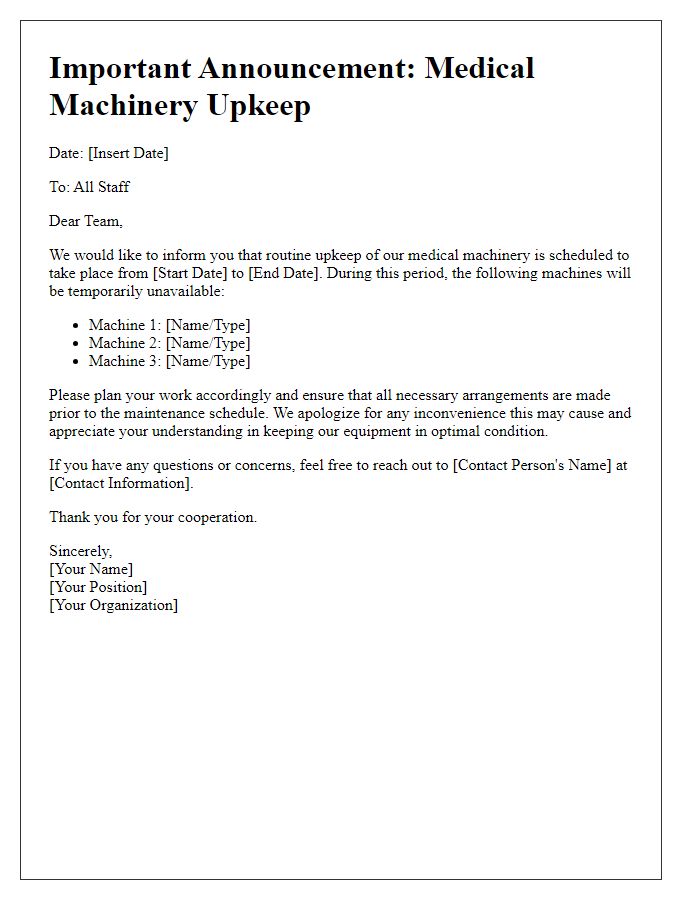 Letter template of medical machinery upkeep announcement