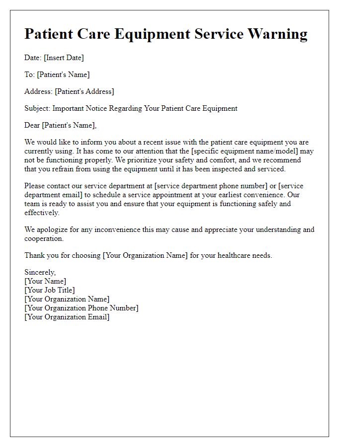 Letter template of patient care equipment service warning