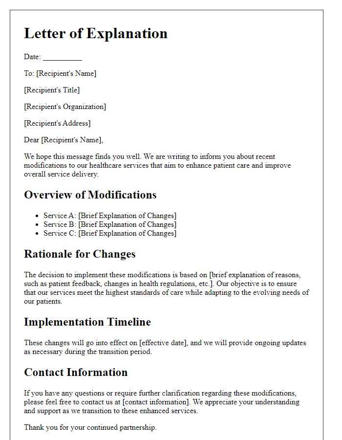 Letter template of Explanation of Modifications in Healthcare Services