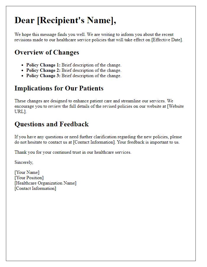 Letter template of Information on Revised Healthcare Service Policies