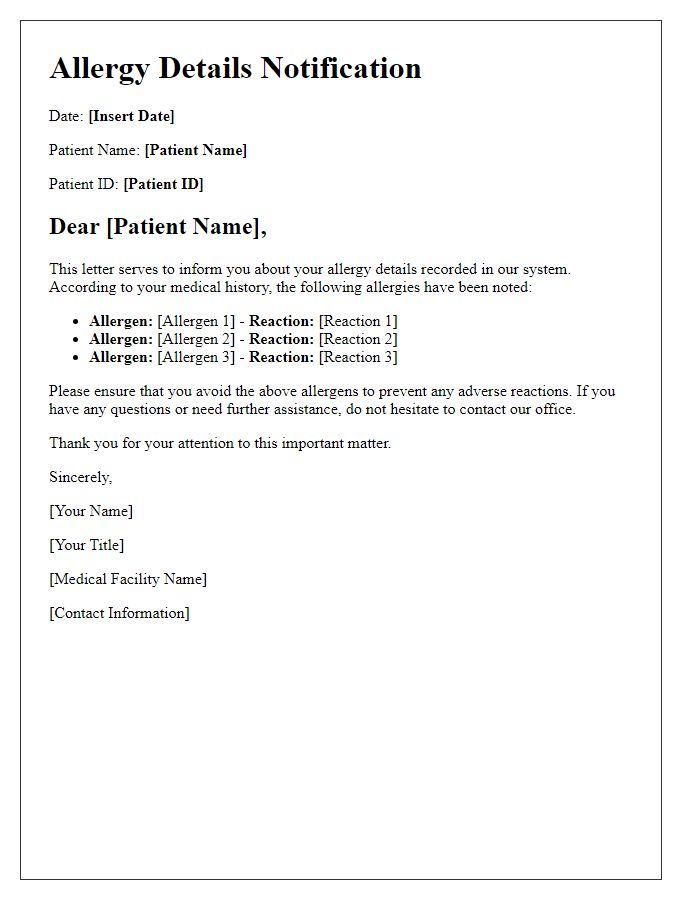 Letter template of Allergy Details Notification for Patients