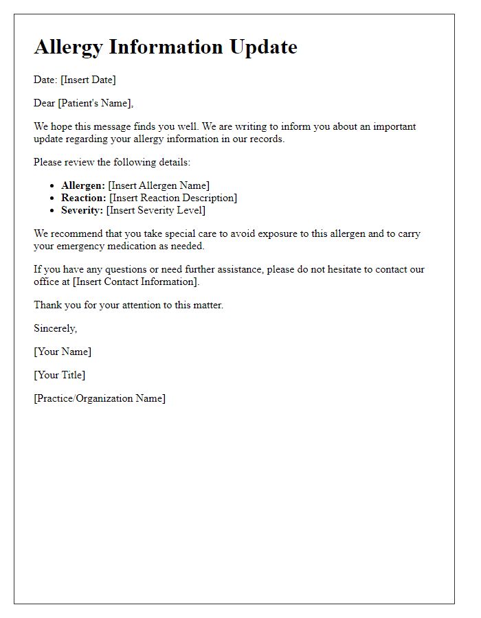 Letter template of Allergy Information Update for Patients