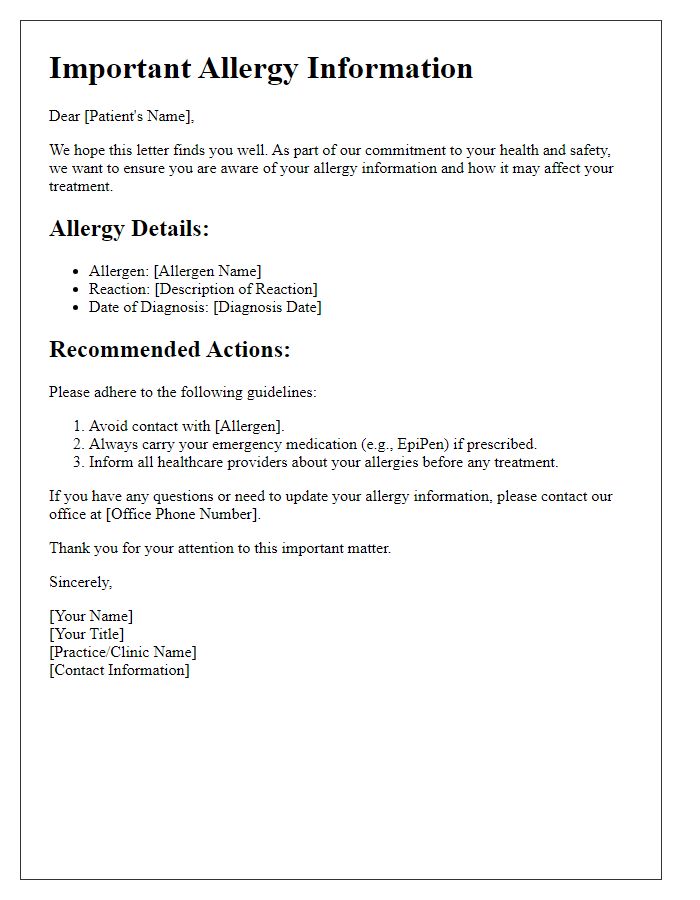 Letter template of Important Allergy Information for Patients