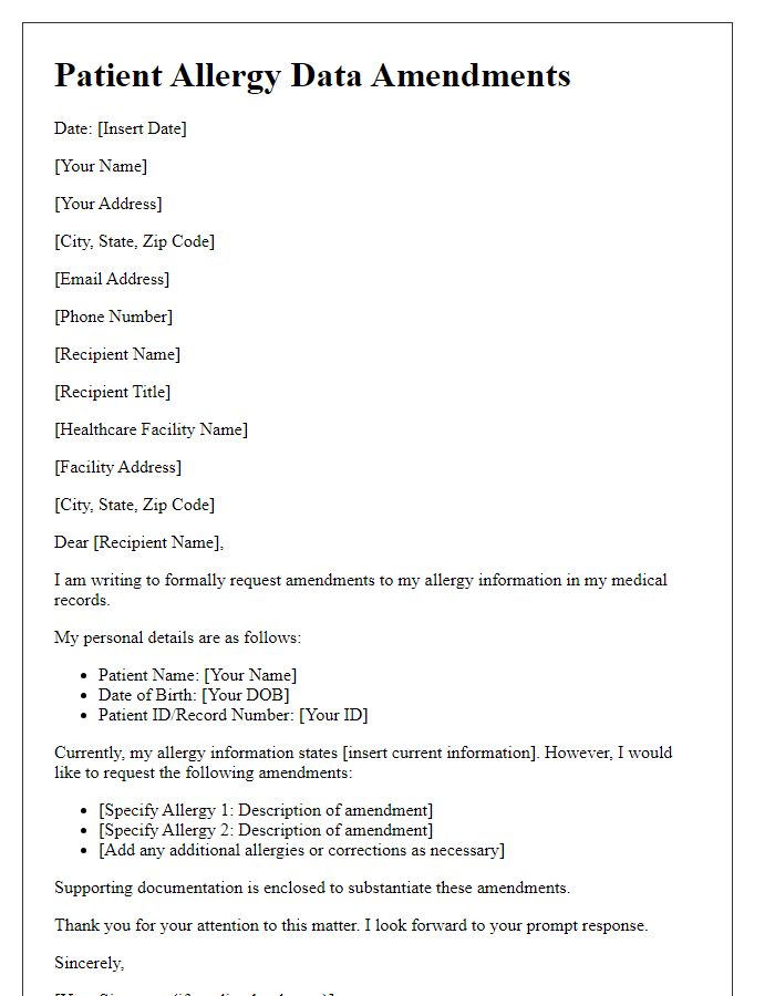 Letter template of Patient Allergy Data Amendments