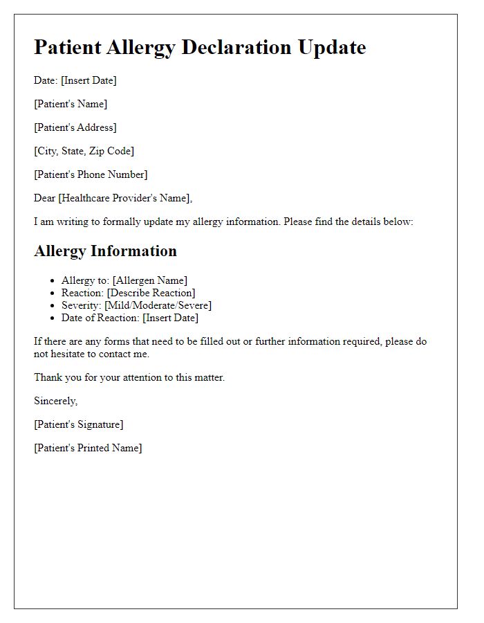 Letter template of Patient Allergy Declaration Update