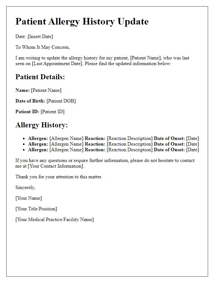 Letter template of Patient Allergy History Update