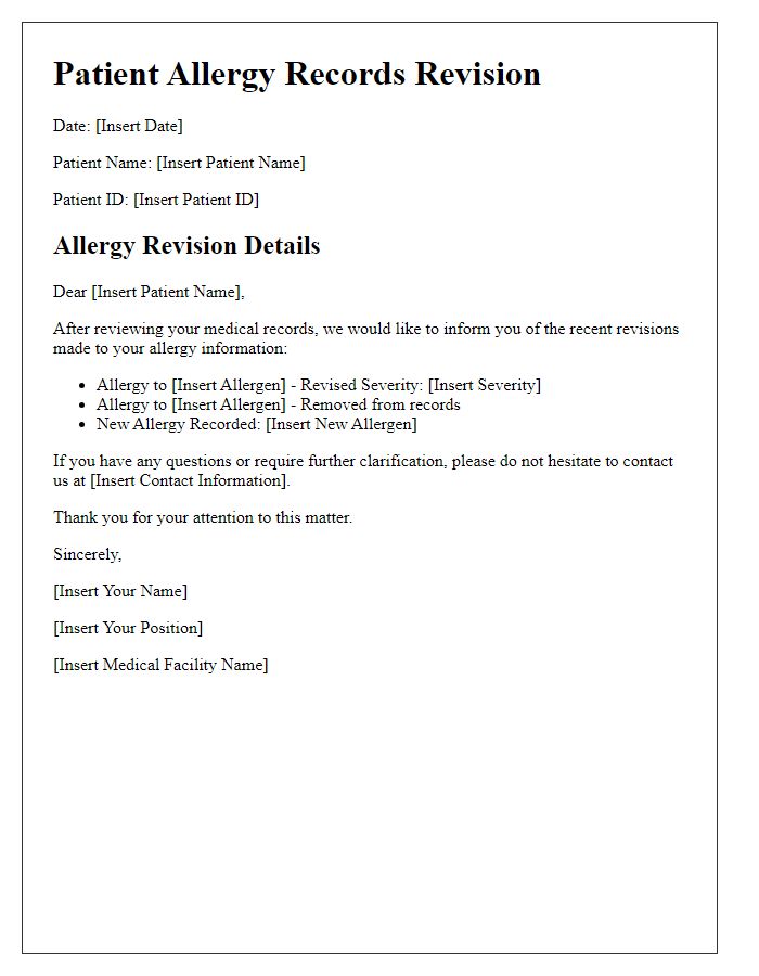 Letter template of Patient Allergy Records Revision