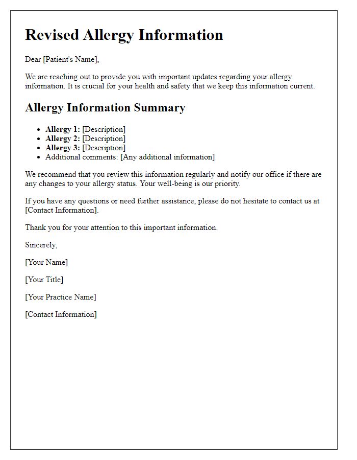 Letter template of Revised Allergy Information for Patients