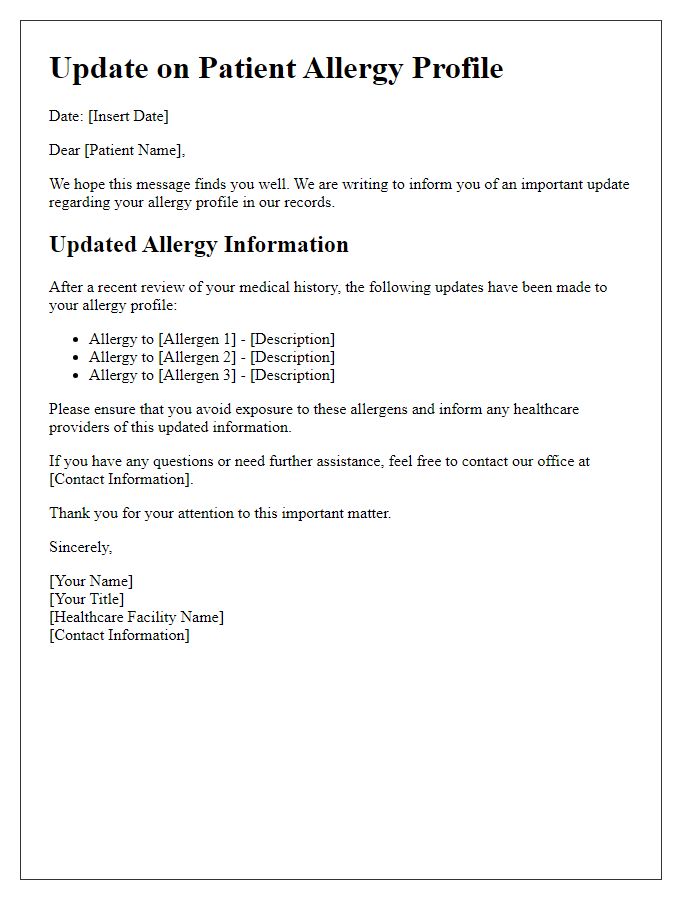 Letter template of Update on Patient Allergy Profile