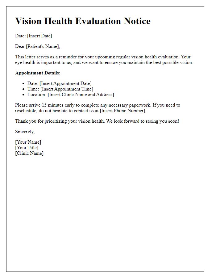 Letter template of regular vision health evaluation notice